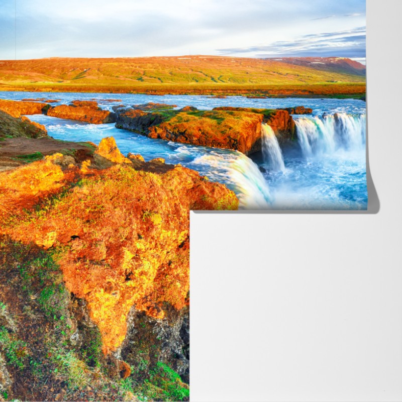 Fototapeta panorama wodospadu Godafoss o wschodzie słońca – Wallissimo® Fototapeta panorama wodospadu Godafoss o wschodzie słońca – Wallissimo®