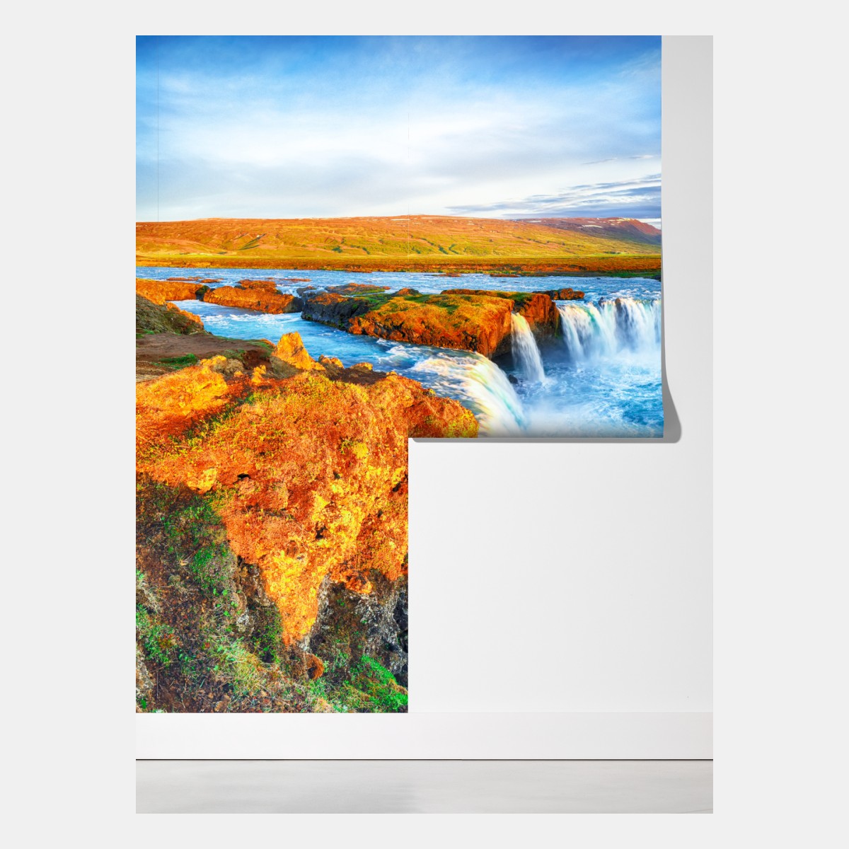Fototapeta panorama wodospadu Godafoss o wschodzie słońca – Wallissimo® Fototapeta panorama wodospadu Godafoss o wschodzie słońca – Wallissimo®
