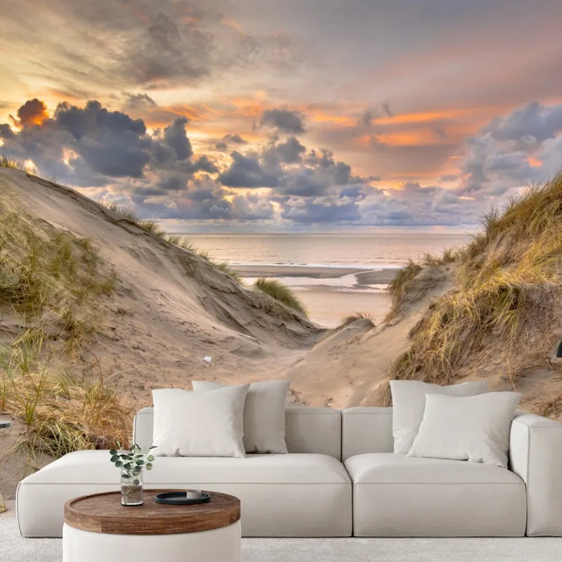 Wall mural sunset over Zeeland dunes