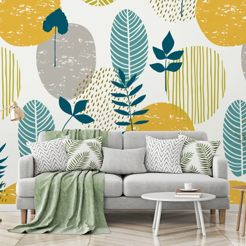 Wall mural teal and mustard botanical pattern
