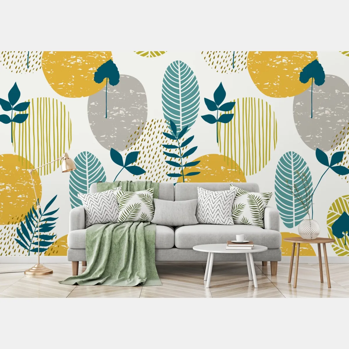 Fototapeta turkusowo-musztardowy botaniczny wzór – Wallissimo® Fototapeta turkusowo-musztardowy botaniczny wzór – Wallissimo®