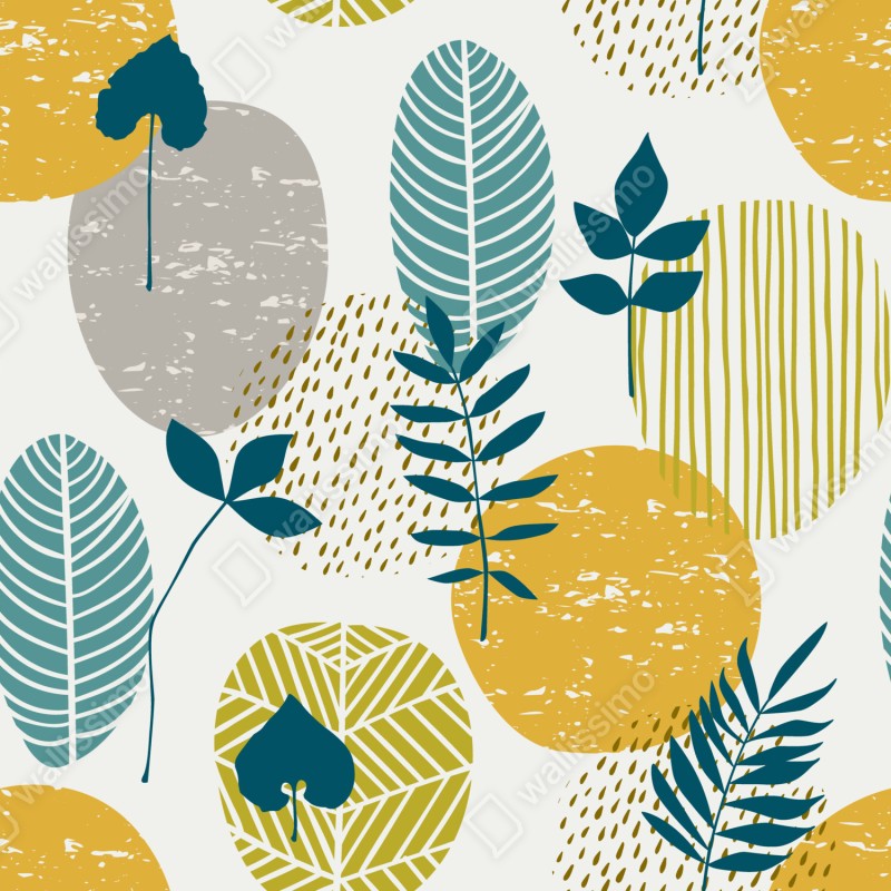 Fototapeta turkusowo-musztardowy botaniczny wzór – Wallissimo® Fototapeta turkusowo-musztardowy botaniczny wzór – Wallissimo®