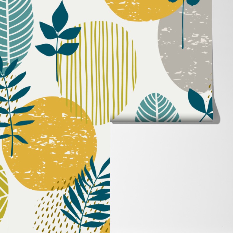 Fototapeta turkusowo-musztardowy botaniczny wzór – Wallissimo® Fototapeta turkusowo-musztardowy botaniczny wzór – Wallissimo®