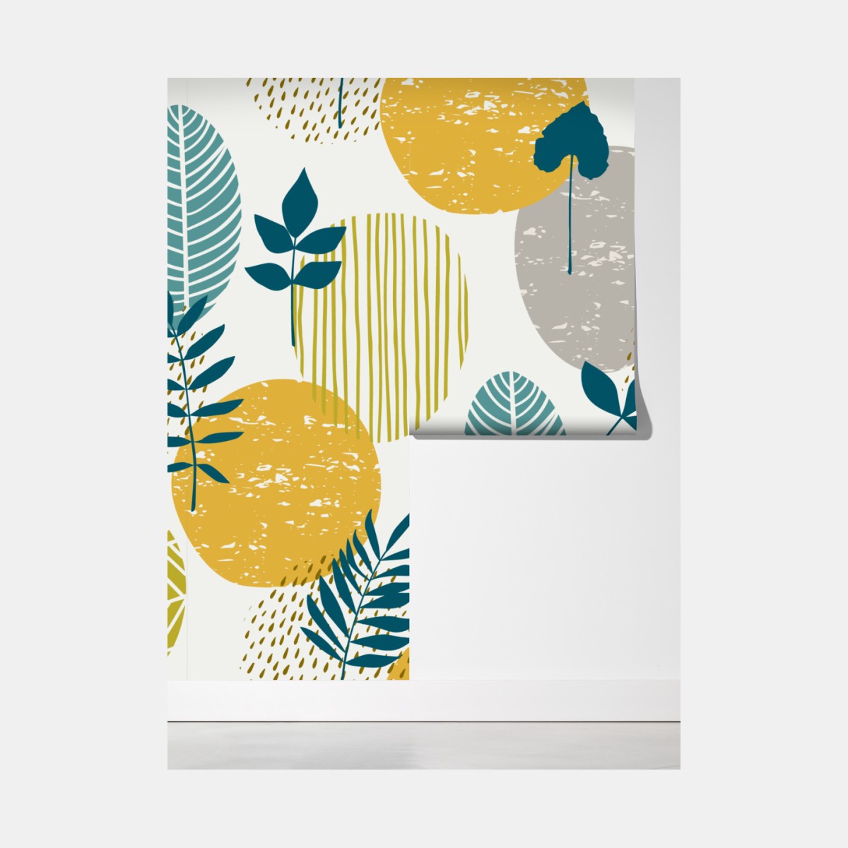 Fototapeta turkusowo-musztardowy botaniczny wzór – Wallissimo® Fototapeta turkusowo-musztardowy botaniczny wzór – Wallissimo®