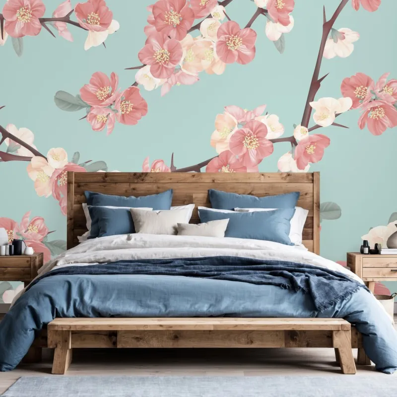 Wall mural pastel cherry blossom pattern on turquoise