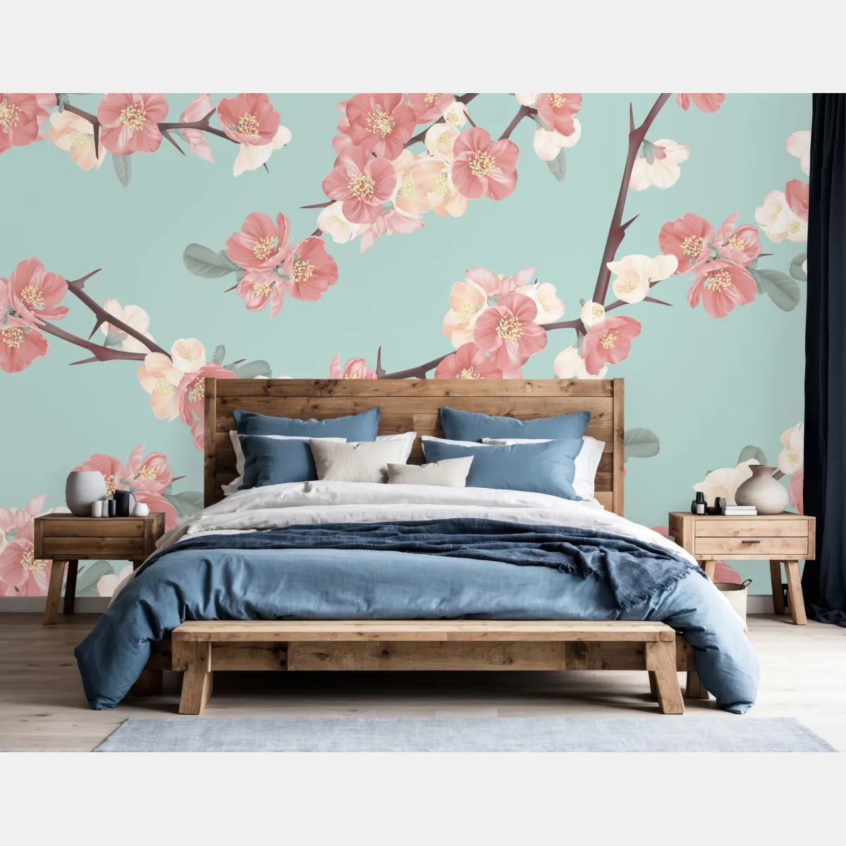 Fototapeta pastelowy wzór kwiatów wiśni na miętowym tle – Wallissimo® Fototapeta pastelowy wzór kwiatów wiśni na miętowym tle – Wallissimo®