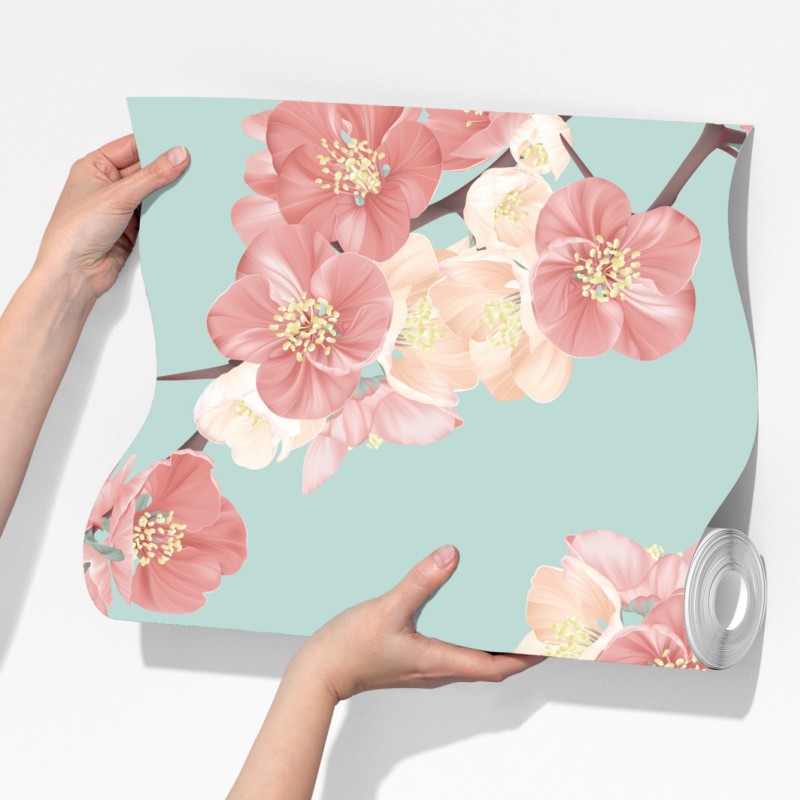 Fototapeta pastelowy wzór kwiatów wiśni na miętowym tle – Wallissimo® Fototapeta pastelowy wzór kwiatów wiśni na miętowym tle – Wallissimo®