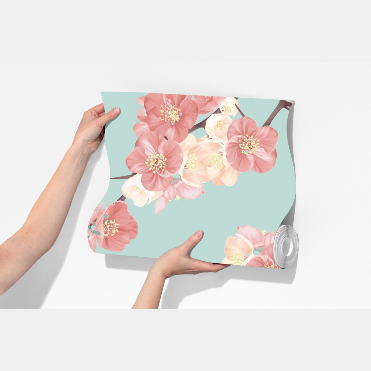 Fototapeta pastelowy wzór kwiatów wiśni na miętowym tle – Wallissimo® Fototapeta pastelowy wzór kwiatów wiśni na miętowym tle – Wallissimo®