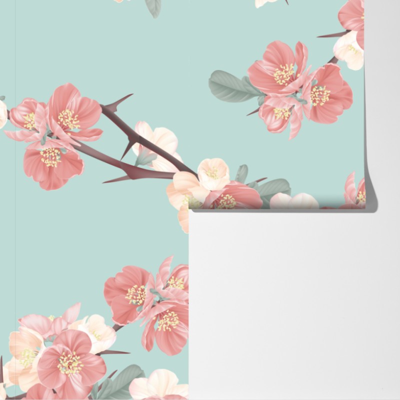 Fototapeta pastelowy wzór kwiatów wiśni na miętowym tle – Wallissimo® Fototapeta pastelowy wzór kwiatów wiśni na miętowym tle – Wallissimo®