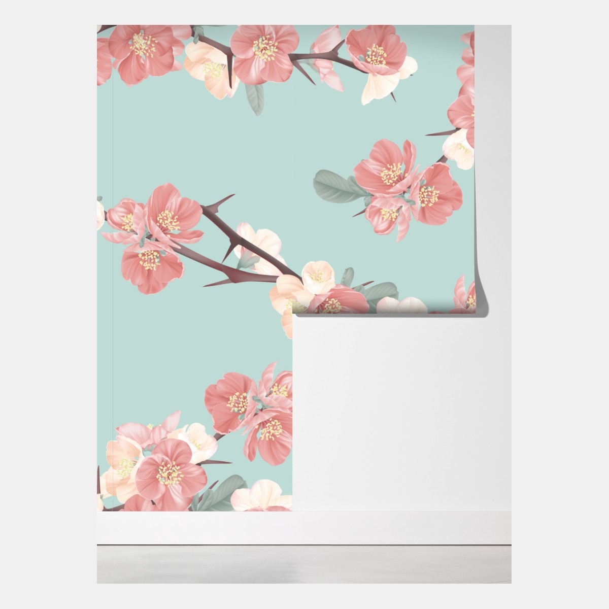 Fototapeta pastelowy wzór kwiatów wiśni na miętowym tle – Wallissimo® Fototapeta pastelowy wzór kwiatów wiśni na miętowym tle – Wallissimo®