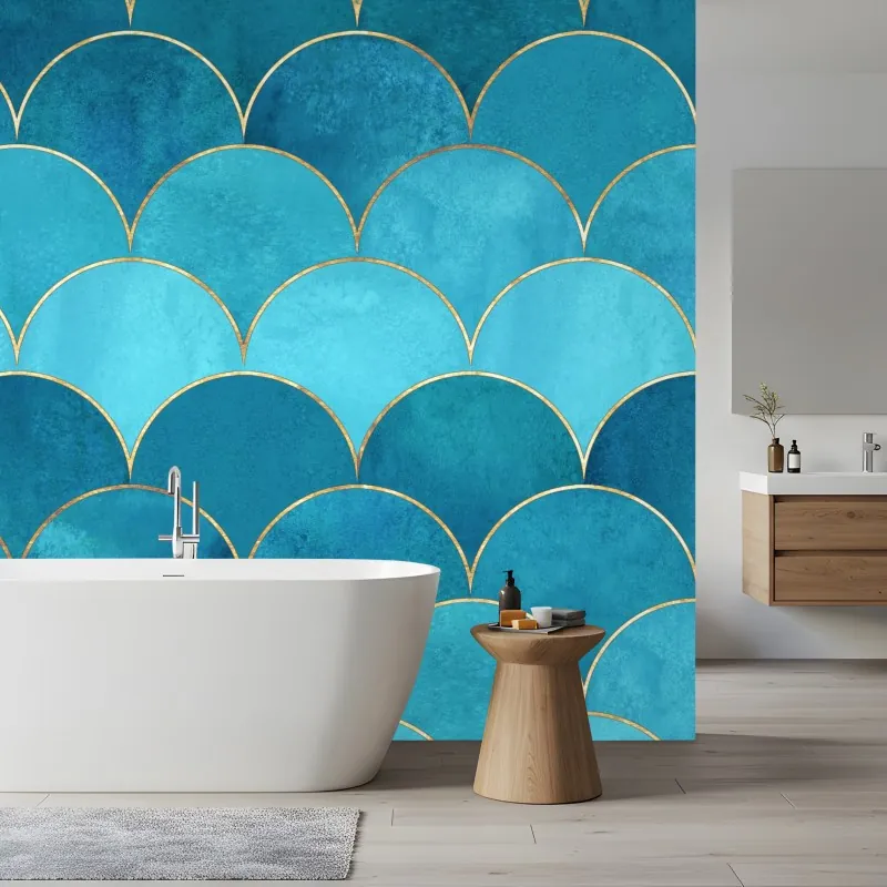 Wall mural turquoise mermaid scale pattern with gold accents