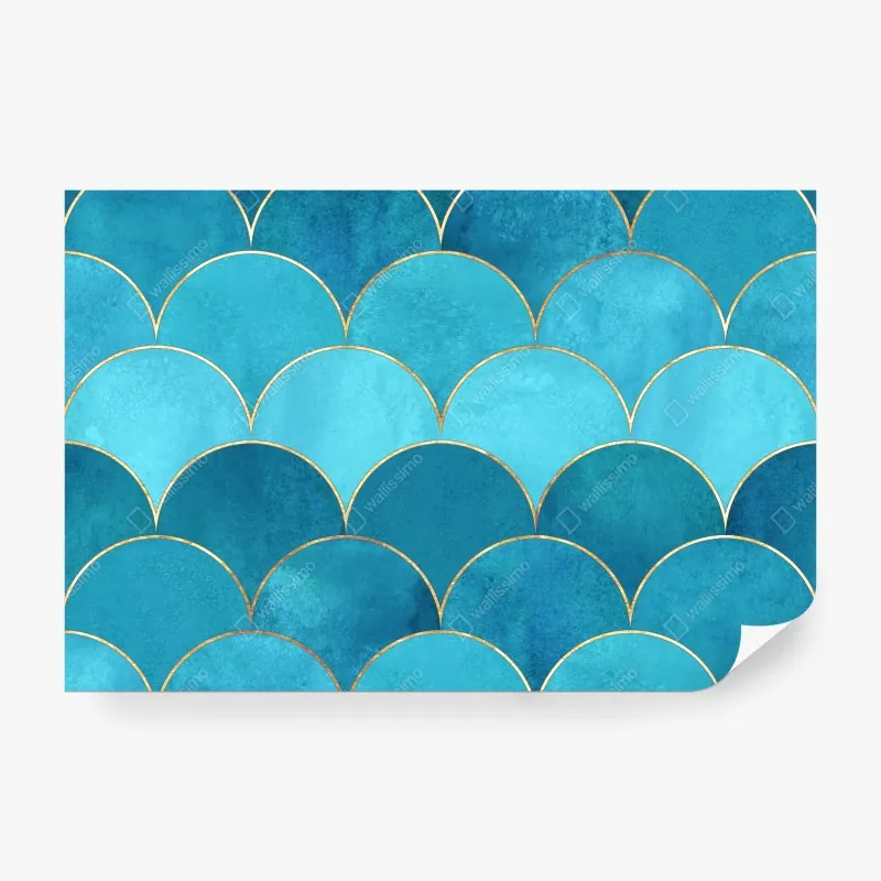 Wall mural turquoise mermaid scale pattern with gold accents