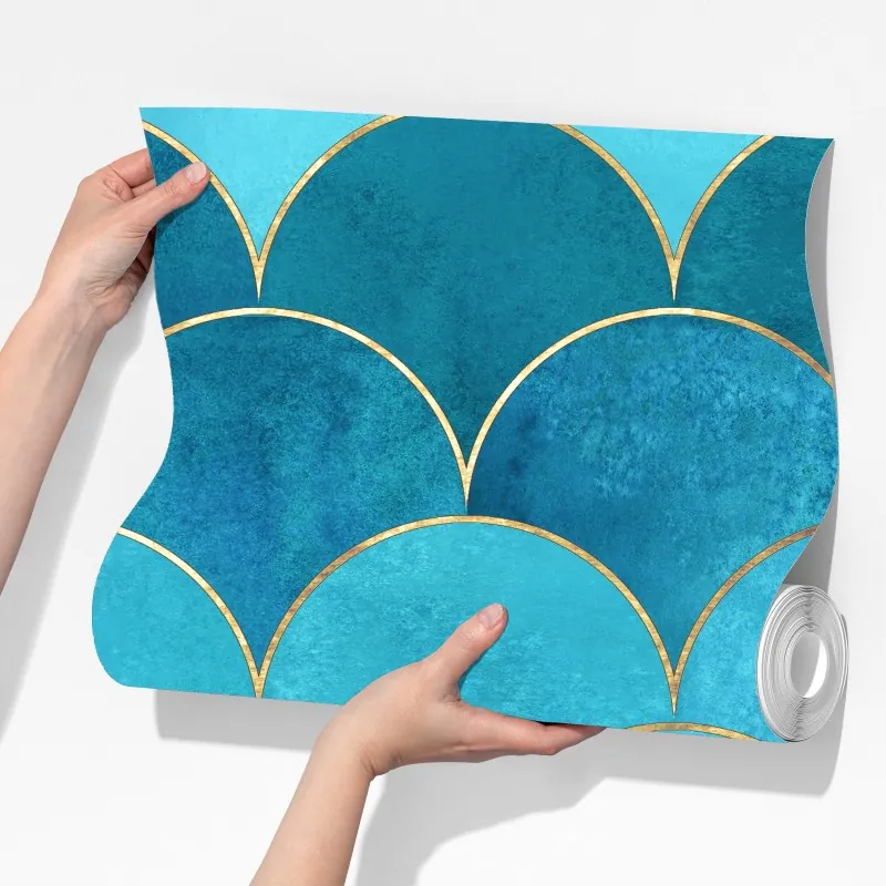 Fototapeta turkusowy wzór łusek z złotymi detalami – Wallissimo® Fototapeta turkusowy wzór łusek z złotymi detalami – Wallissimo®