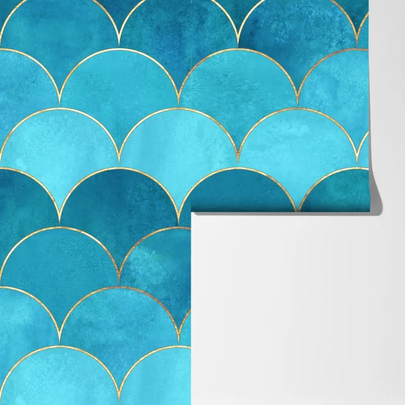 Fototapeta turkusowy wzór łusek z złotymi detalami – Wallissimo® Fototapeta turkusowy wzór łusek z złotymi detalami – Wallissimo®