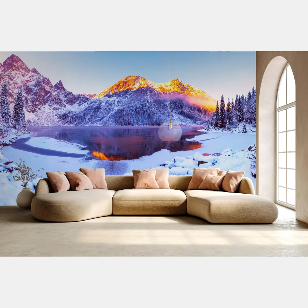 Fototapeta góry skąpane w świetle wschodu nad zamarzniętym jeziorem – Wallissimo® Fototapeta góry skąpane w świetle wschodu nad zamarzniętym jeziorem – Wallissimo®