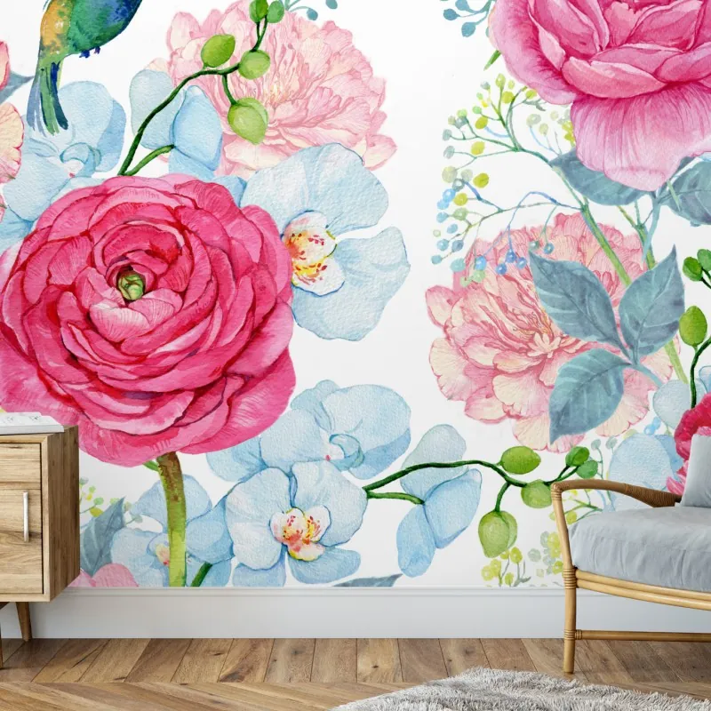 Wall mural pink watercolor floral garden with hummingbird