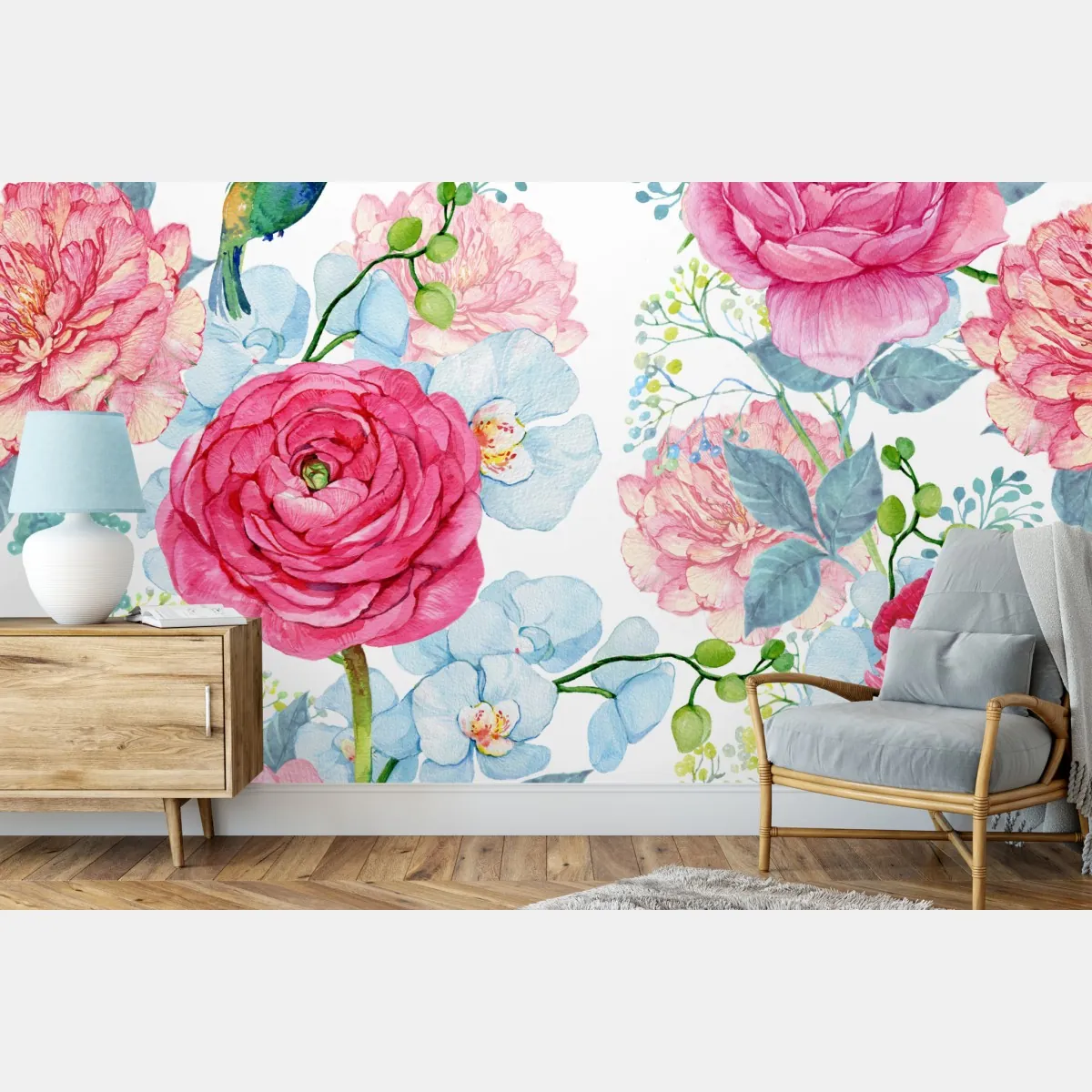 Fototapeta różany akwarelowy ogród z kolibrem – Wallissimo® Fototapeta różany akwarelowy ogród z kolibrem – Wallissimo®