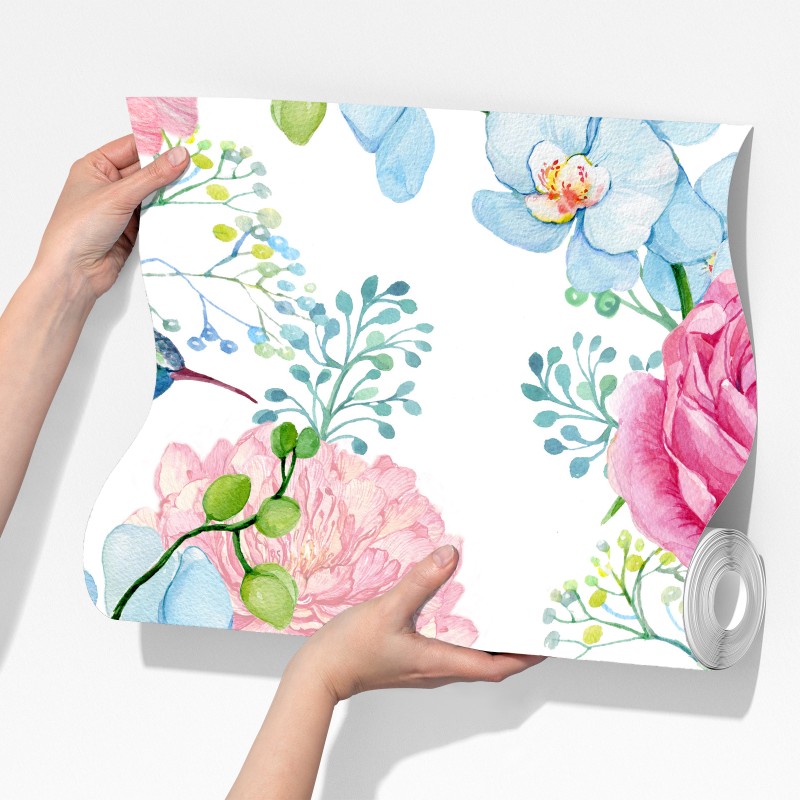 Fototapeta różany akwarelowy ogród z kolibrem – Wallissimo® Fototapeta różany akwarelowy ogród z kolibrem – Wallissimo®