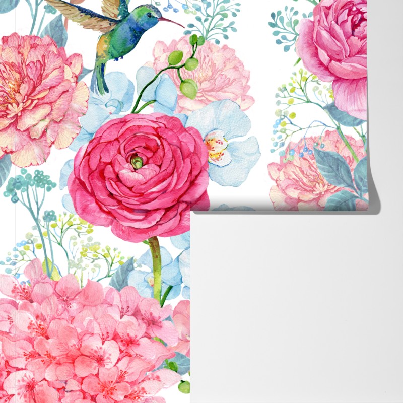 Fototapeta różany akwarelowy ogród z kolibrem – Wallissimo® Fototapeta różany akwarelowy ogród z kolibrem – Wallissimo®