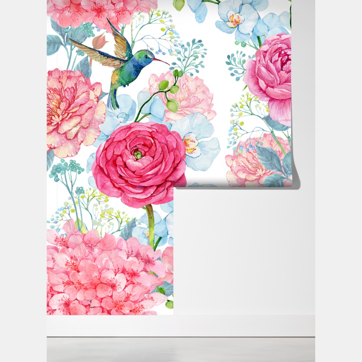 Fototapeta różany akwarelowy ogród z kolibrem – Wallissimo® Fototapeta różany akwarelowy ogród z kolibrem – Wallissimo®