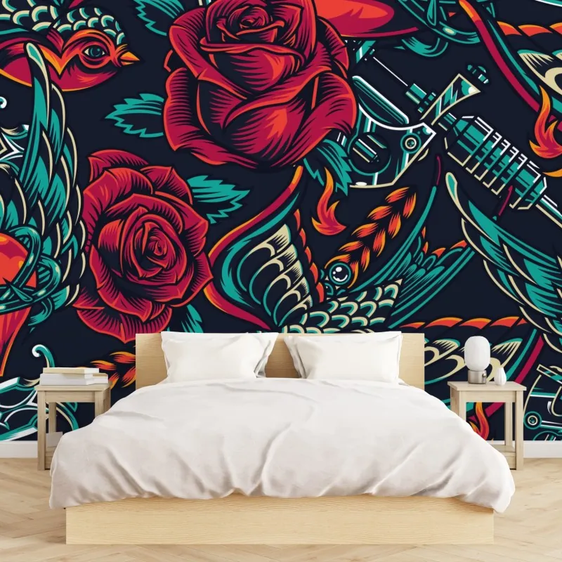 Wall mural bold tattoo rose pattern