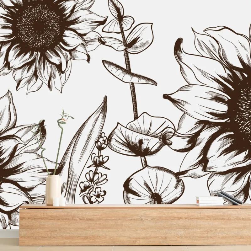 Wall mural sunflower botanical illustration in sepia