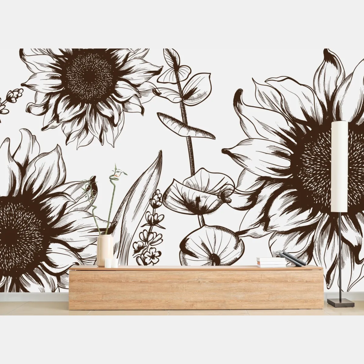 Fototapeta ilustracja botaniczna słonecznik w sepii – Wallissimo® Fototapeta ilustracja botaniczna słonecznik w sepii – Wallissimo®