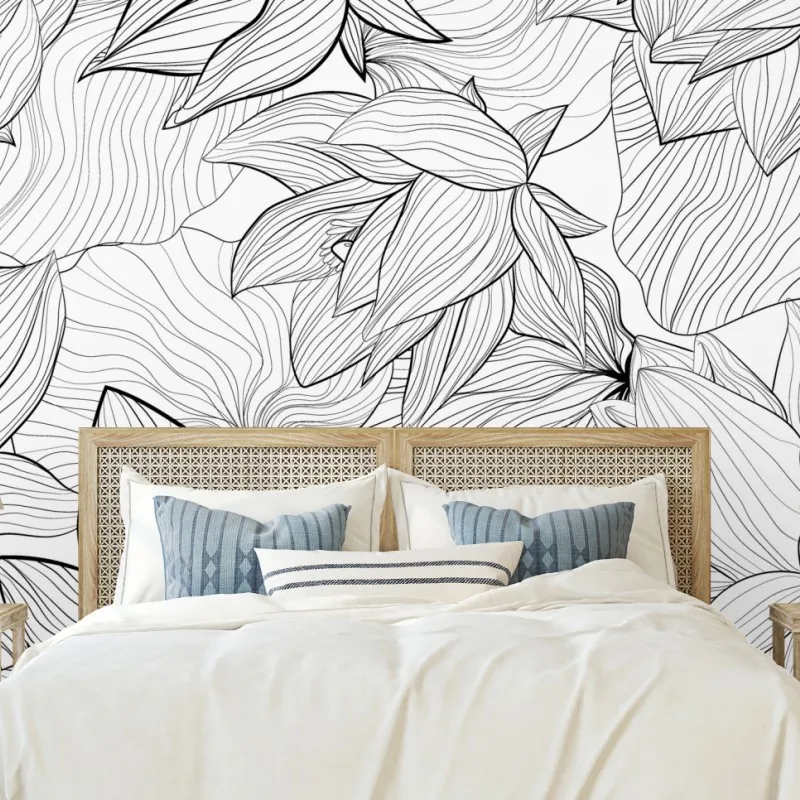Wall mural delicate lotus line art floral pattern