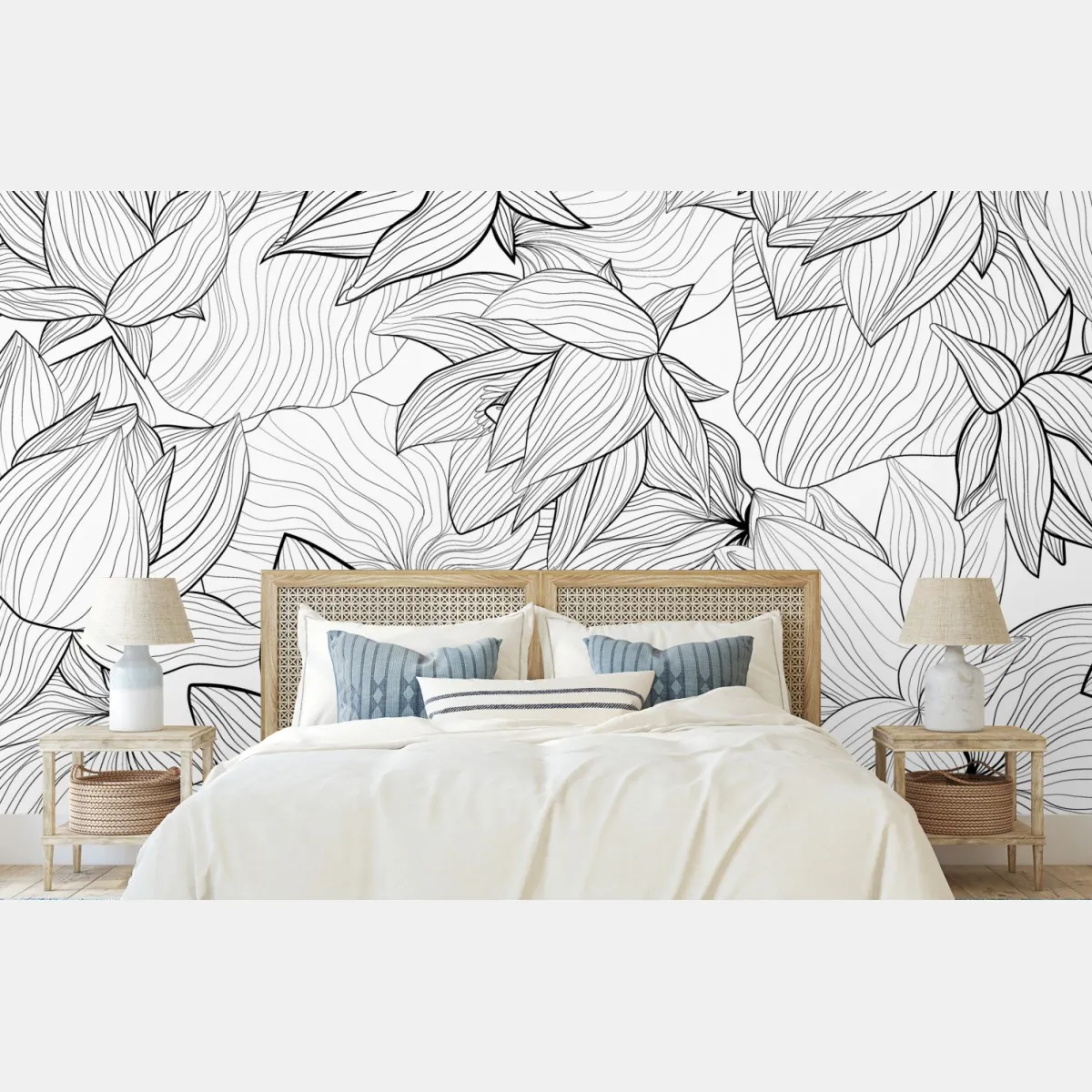 Fototapeta delikatny rysunek lotosu w czerni i bieli – Wallissimo® Fototapeta delikatny rysunek lotosu w czerni i bieli – Wallissimo®