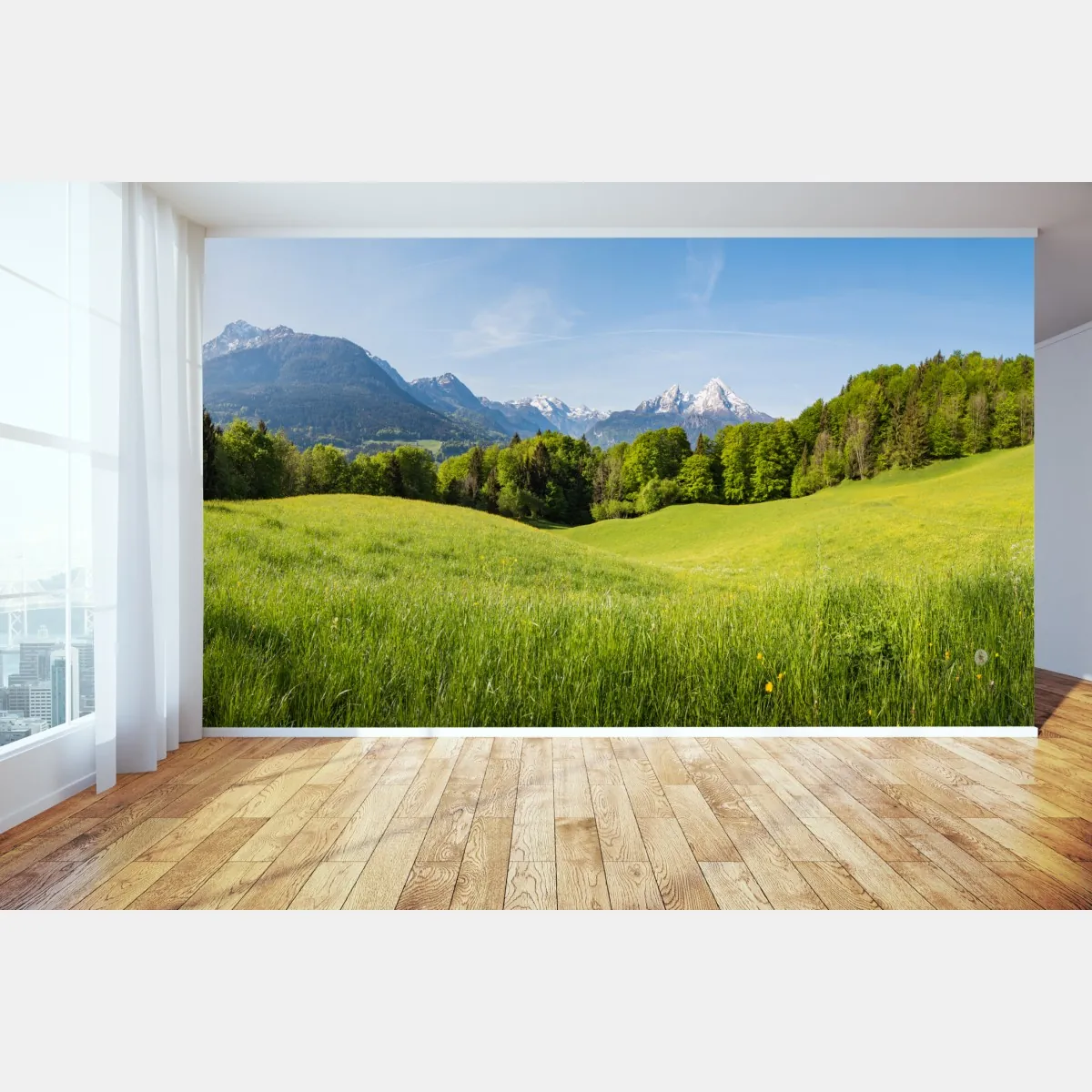 Fototapeta spokojna alpejska łąka w panoramie – Wallissimo® Fototapeta spokojna alpejska łąka w panoramie – Wallissimo®
