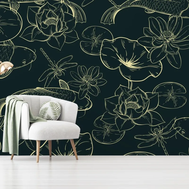 Wall mural hand-drawn koi and lotus pattern