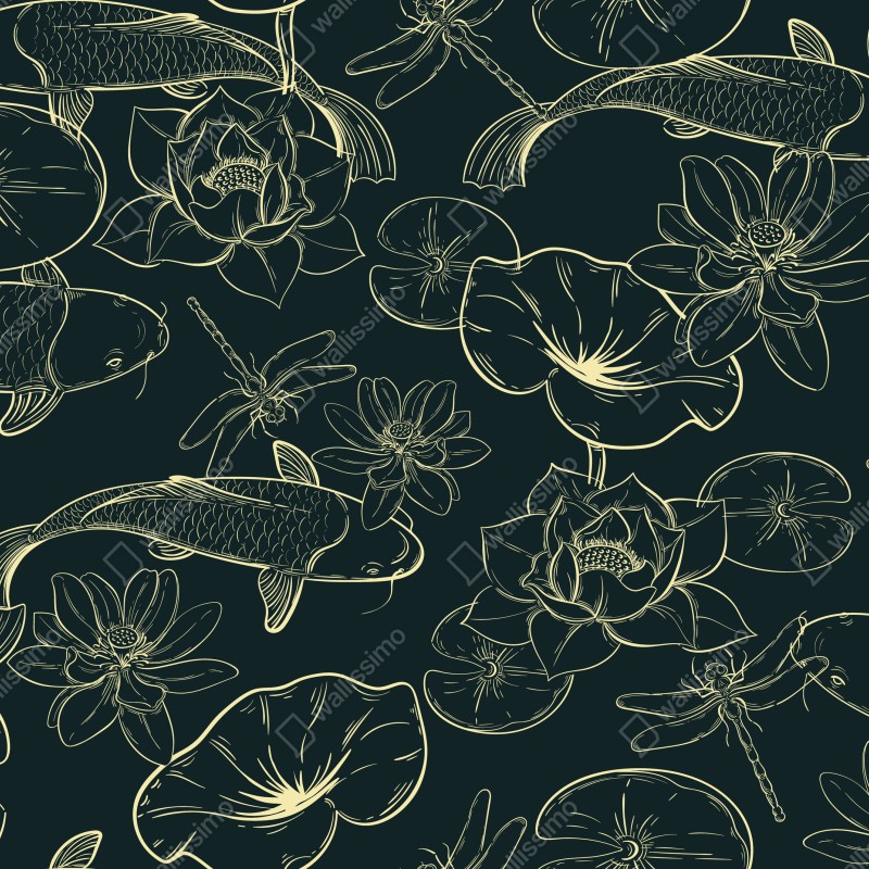 Fototapeta ręcznie rysowany wzór koi i lotosu – Wallissimo® Fototapeta ręcznie rysowany wzór koi i lotosu – Wallissimo®