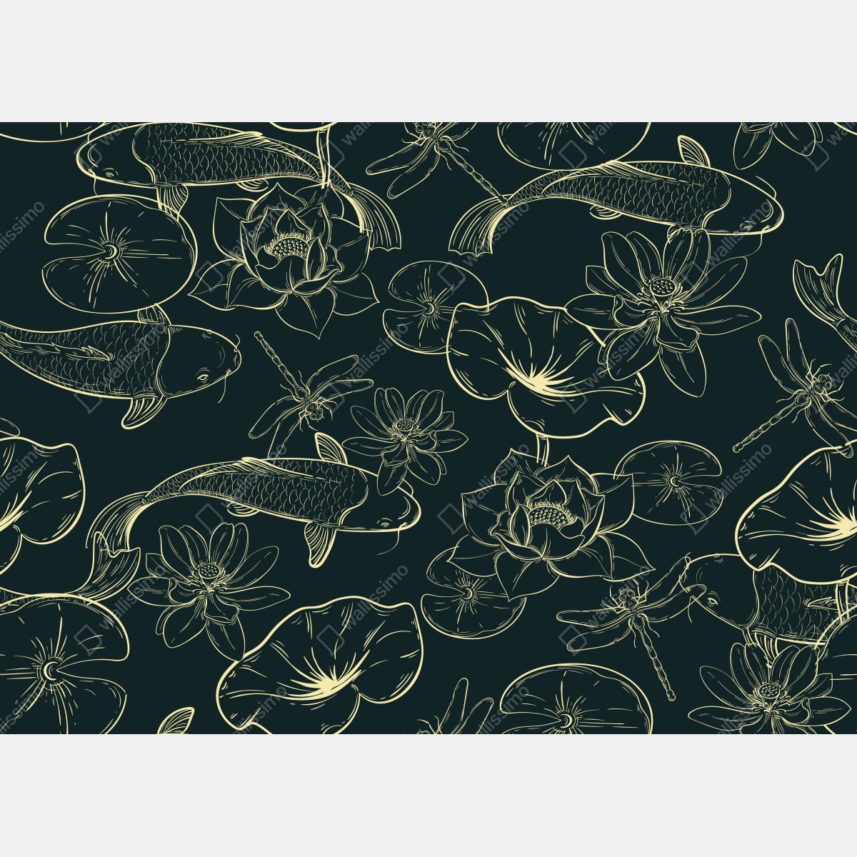 Fototapeta ręcznie rysowany wzór koi i lotosu – Wallissimo® Fototapeta ręcznie rysowany wzór koi i lotosu – Wallissimo®