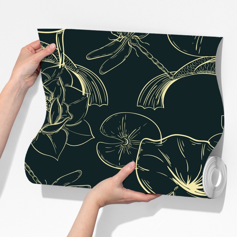 Fototapeta ręcznie rysowany wzór koi i lotosu – Wallissimo® Fototapeta ręcznie rysowany wzór koi i lotosu – Wallissimo®