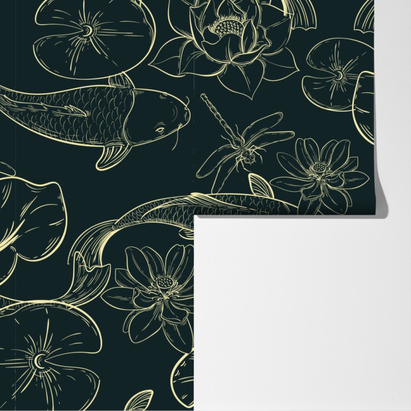 Fototapeta ręcznie rysowany wzór koi i lotosu – Wallissimo® Fototapeta ręcznie rysowany wzór koi i lotosu – Wallissimo®