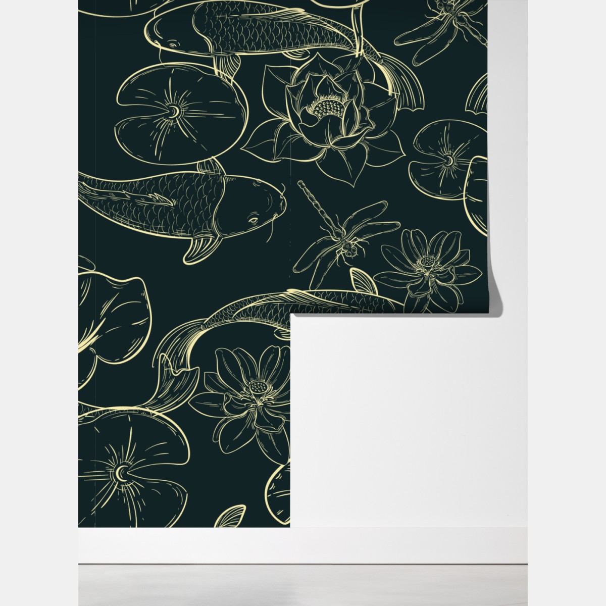 Fototapeta ręcznie rysowany wzór koi i lotosu – Wallissimo® Fototapeta ręcznie rysowany wzór koi i lotosu – Wallissimo®