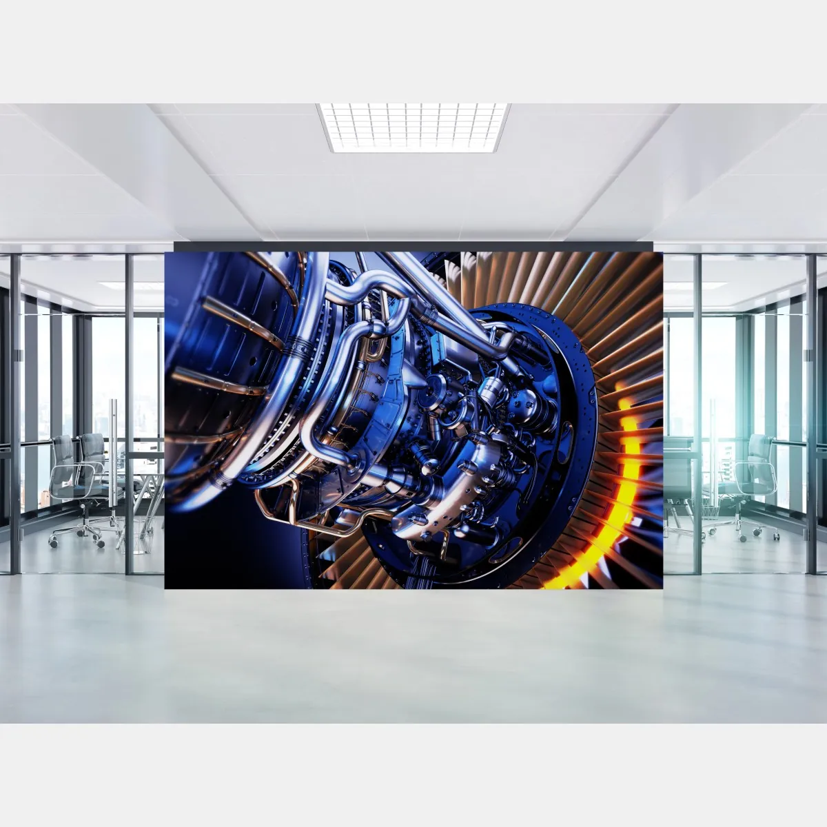 Fototapeta zbliżenie turbiny silnika odrzutowego w niebieskich i pomarańczowych tonach – Wallissimo® Fototapeta zbliżenie turbiny silnika odrzutowego w niebieskich i pomarańczowych tonach – Wallissimo®