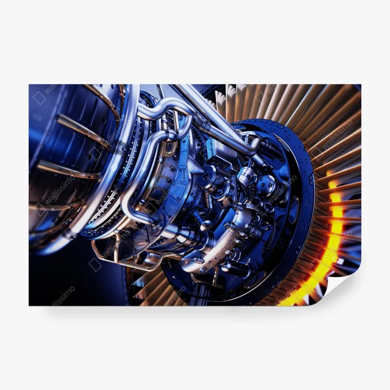 Wall mural jet engine turbine close-up in blue and orange