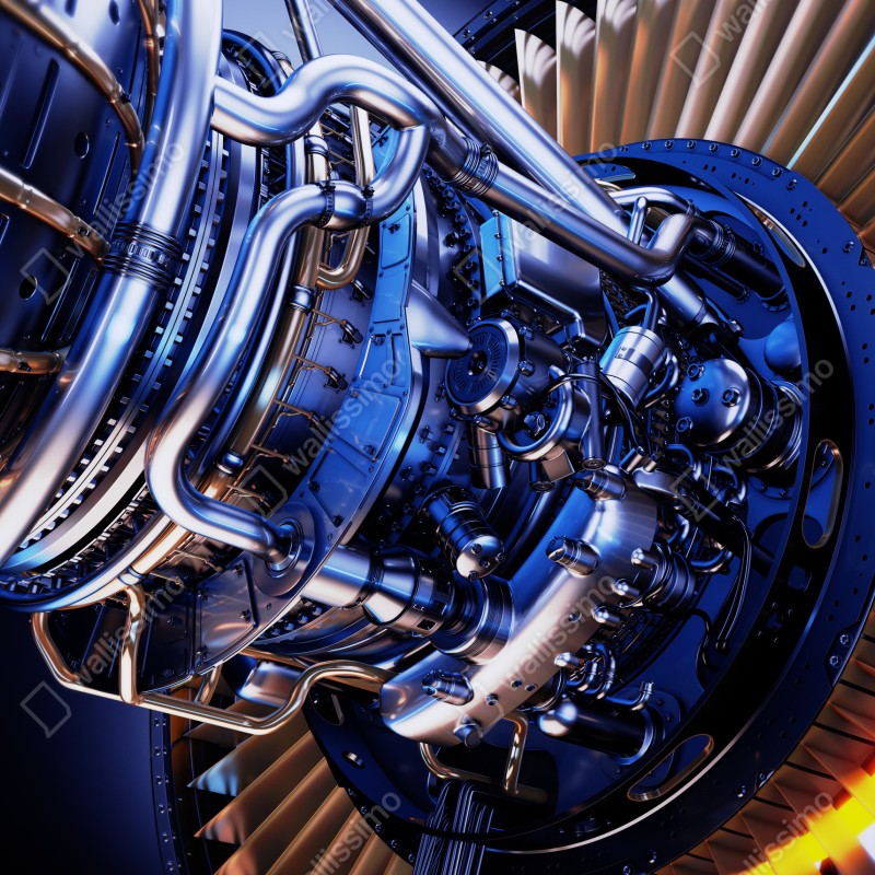 Fototapeta zbliżenie turbiny silnika odrzutowego w niebieskich i pomarańczowych tonach – Wallissimo® Fototapeta zbliżenie turbiny silnika odrzutowego w niebieskich i pomarańczowych tonach – Wallissimo®