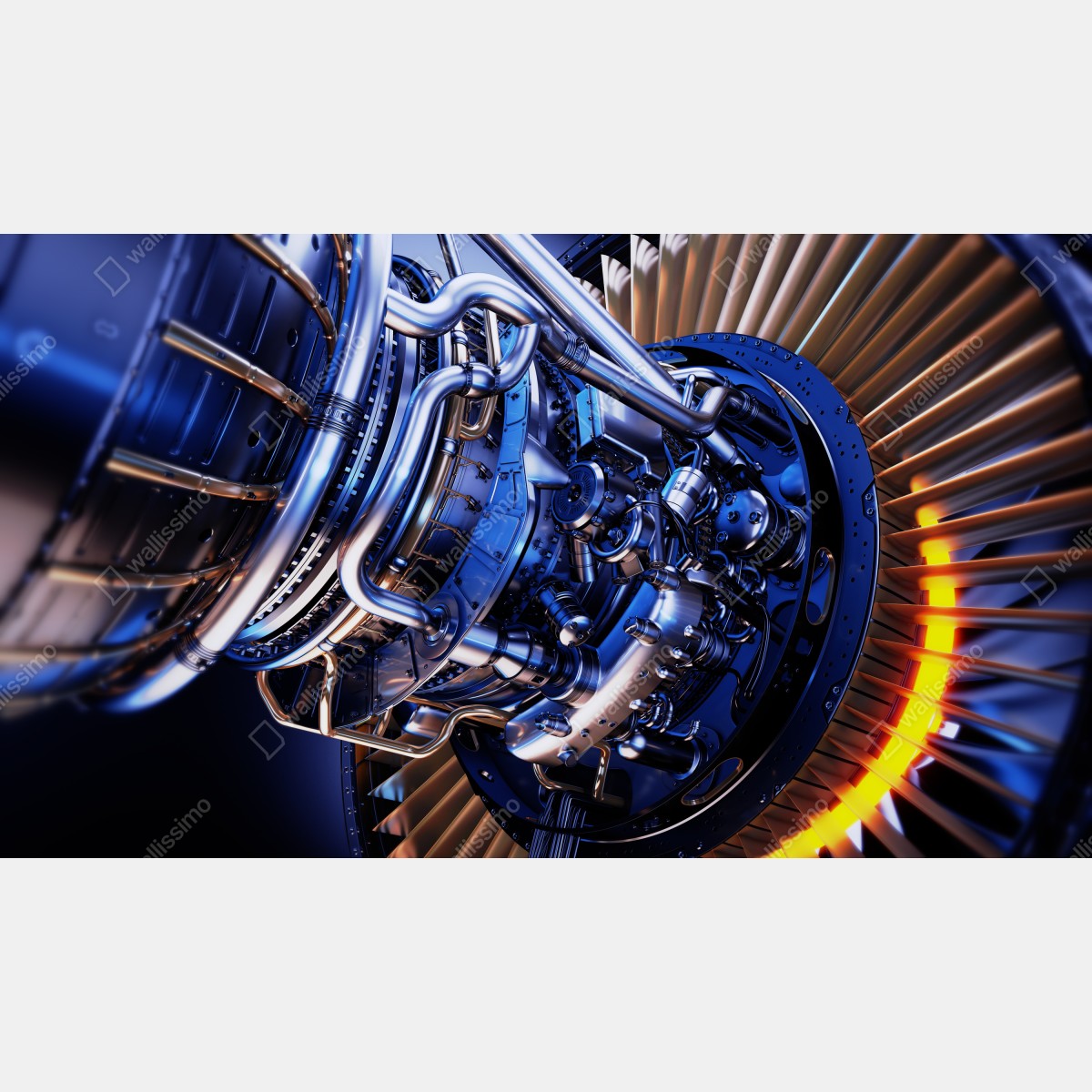 Fototapeta zbliżenie turbiny silnika odrzutowego w niebieskich i pomarańczowych tonach – Wallissimo® Fototapeta zbliżenie turbiny silnika odrzutowego w niebieskich i pomarańczowych tonach – Wallissimo®