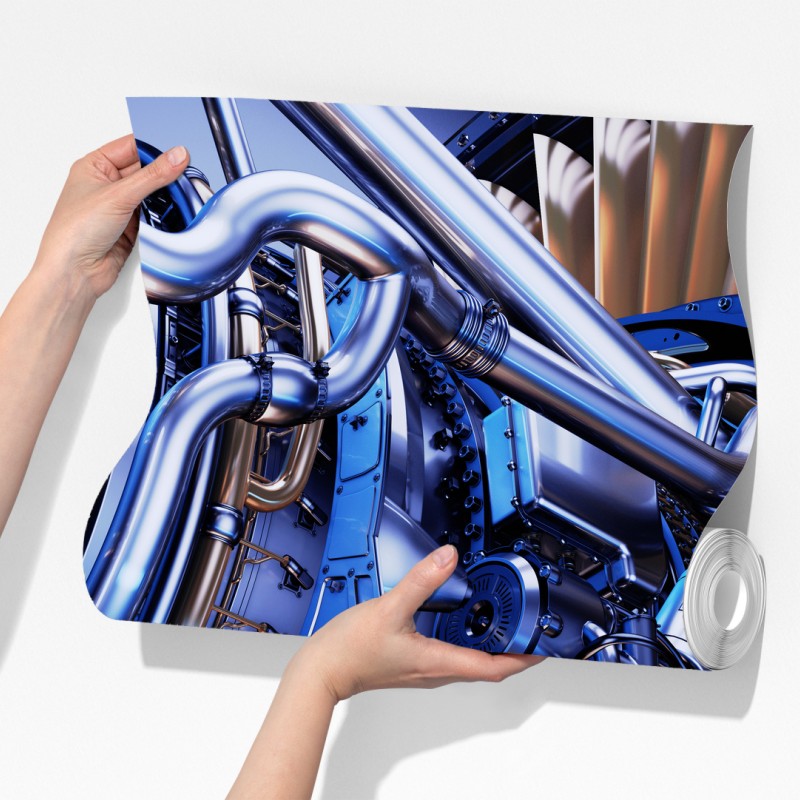 Fototapeta zbliżenie turbiny silnika odrzutowego w niebieskich i pomarańczowych tonach – Wallissimo® Fototapeta zbliżenie turbiny silnika odrzutowego w niebieskich i pomarańczowych tonach – Wallissimo®
