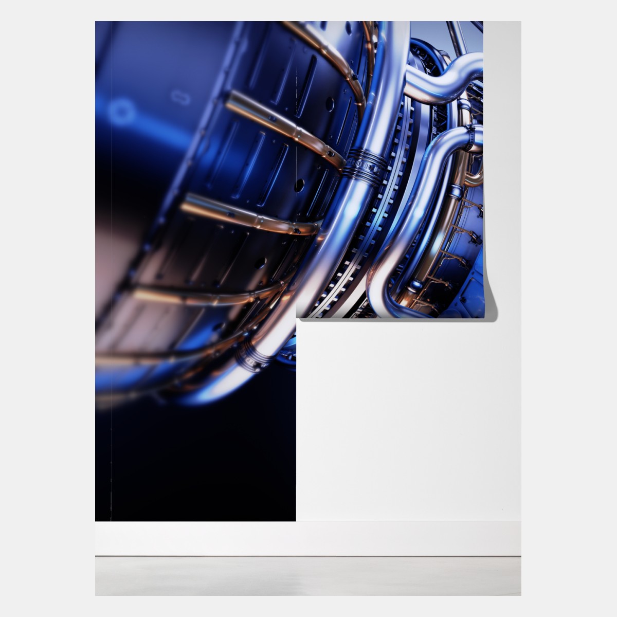 Fototapeta zbliżenie turbiny silnika odrzutowego w niebieskich i pomarańczowych tonach – Wallissimo® Fototapeta zbliżenie turbiny silnika odrzutowego w niebieskich i pomarańczowych tonach – Wallissimo®