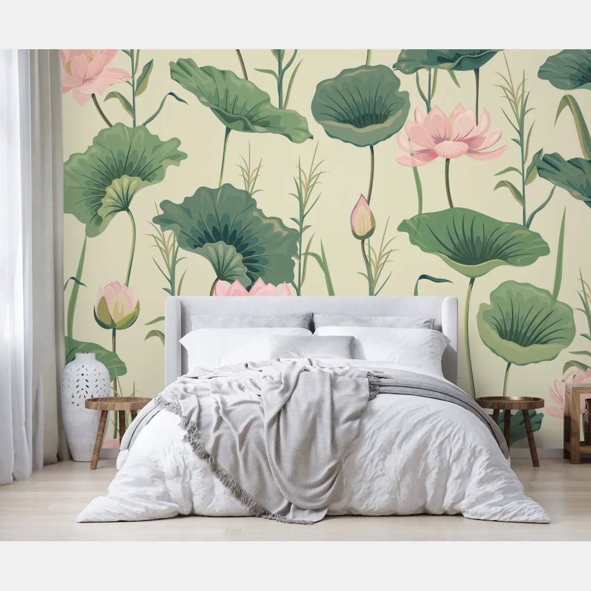 Fototapeta delikatny ogród lotosów wzór botaniczny – Wallissimo® Fototapeta delikatny ogród lotosów wzór botaniczny – Wallissimo®