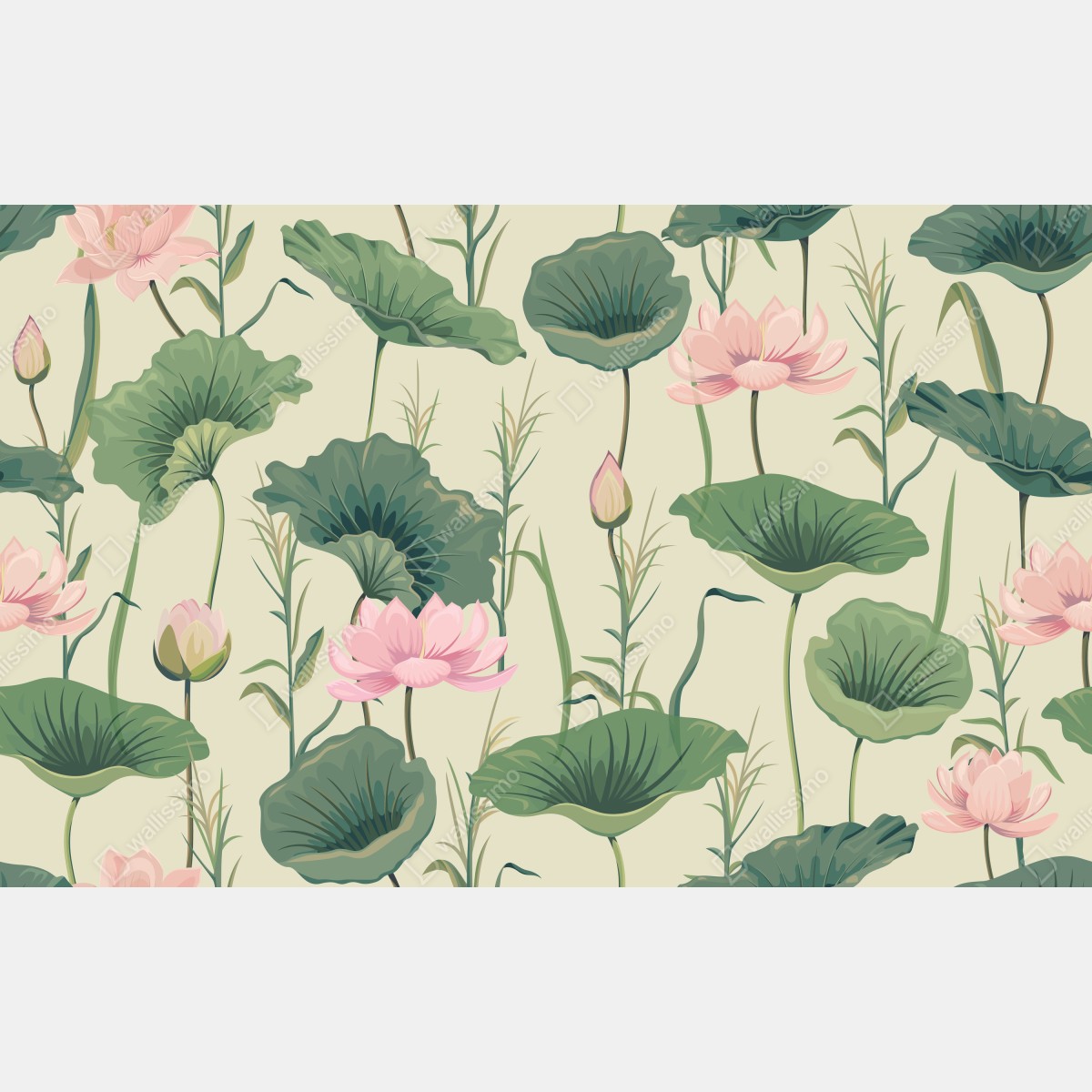 Fototapeta delikatny ogród lotosów wzór botaniczny – Wallissimo® Fototapeta delikatny ogród lotosów wzór botaniczny – Wallissimo®