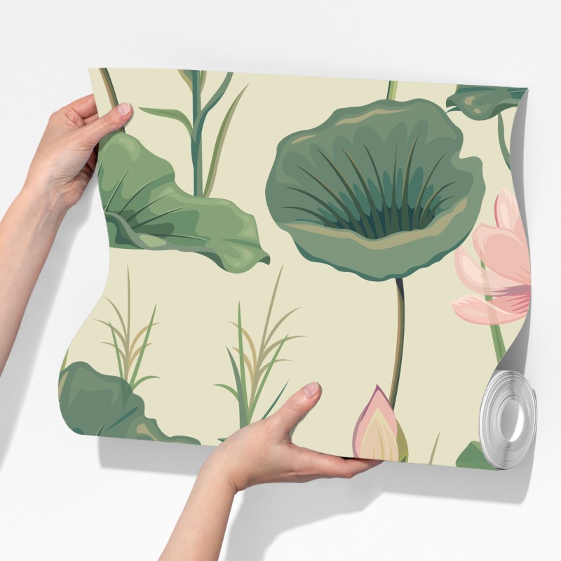 Fototapeta delikatny ogród lotosów wzór botaniczny – Wallissimo® Fototapeta delikatny ogród lotosów wzór botaniczny – Wallissimo®