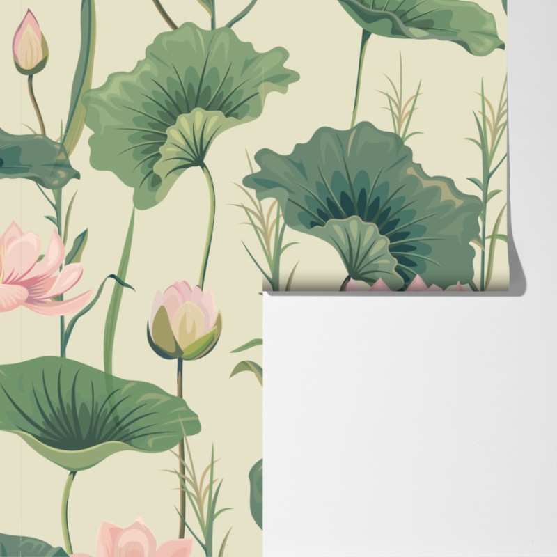 Fototapeta delikatny ogród lotosów wzór botaniczny – Wallissimo® Fototapeta delikatny ogród lotosów wzór botaniczny – Wallissimo®