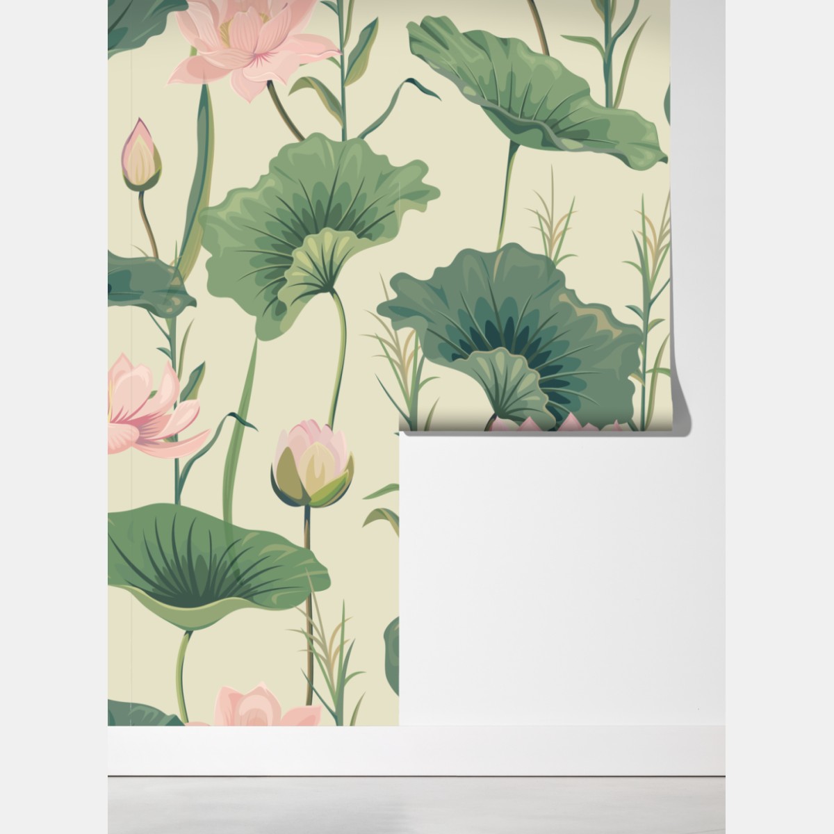 Fototapeta delikatny ogród lotosów wzór botaniczny – Wallissimo® Fototapeta delikatny ogród lotosów wzór botaniczny – Wallissimo®