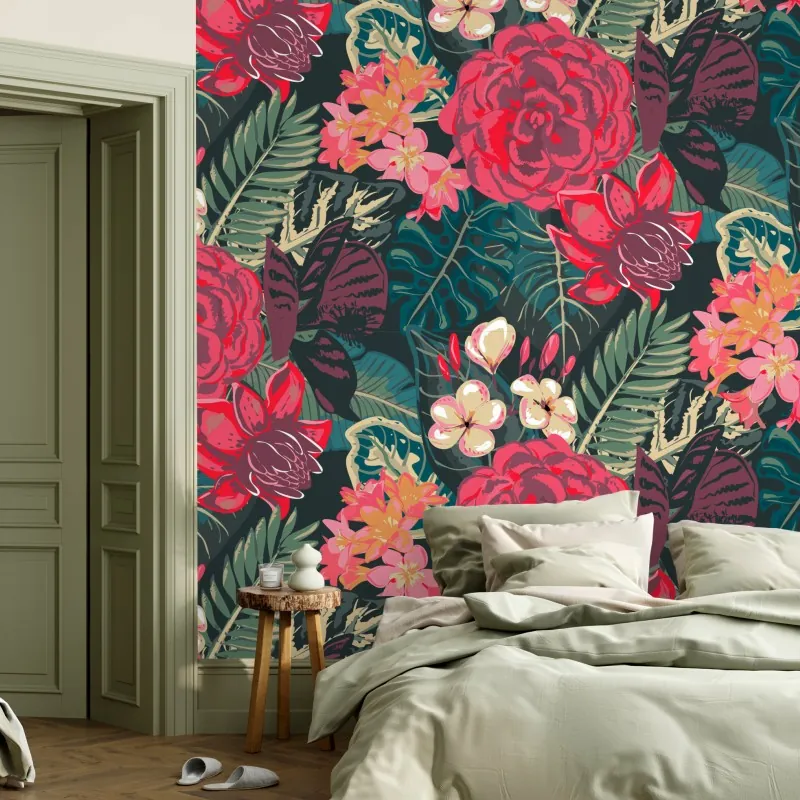 Wall mural tropical floral pattern in pink and teal