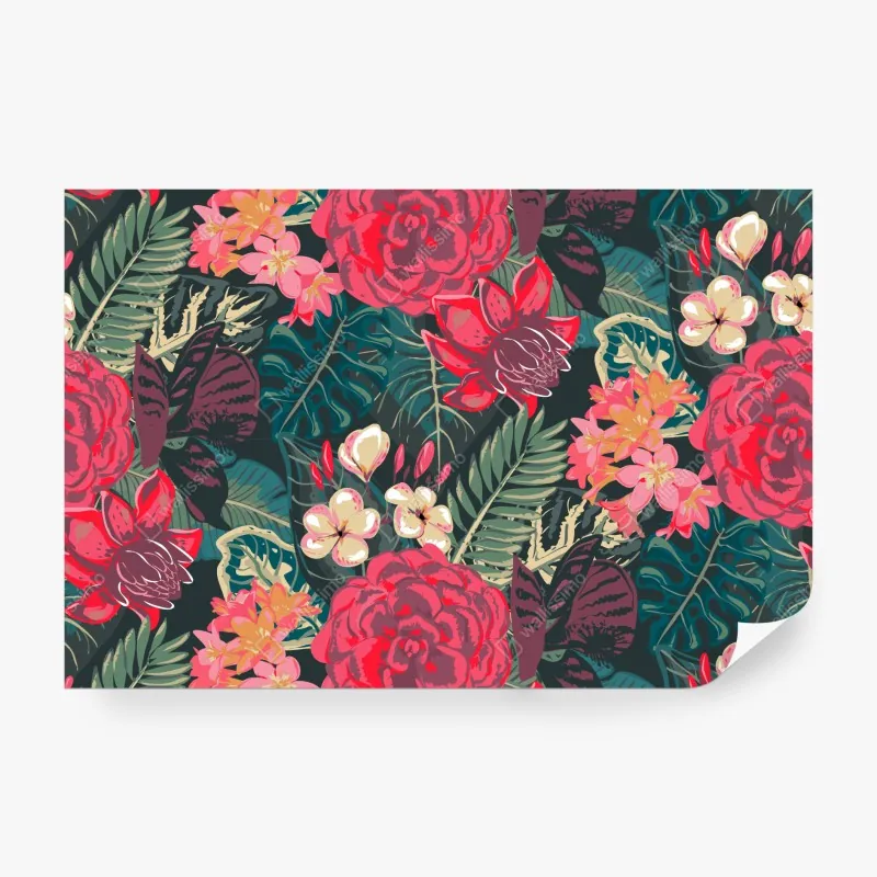 Wall mural tropical floral pattern in pink and teal