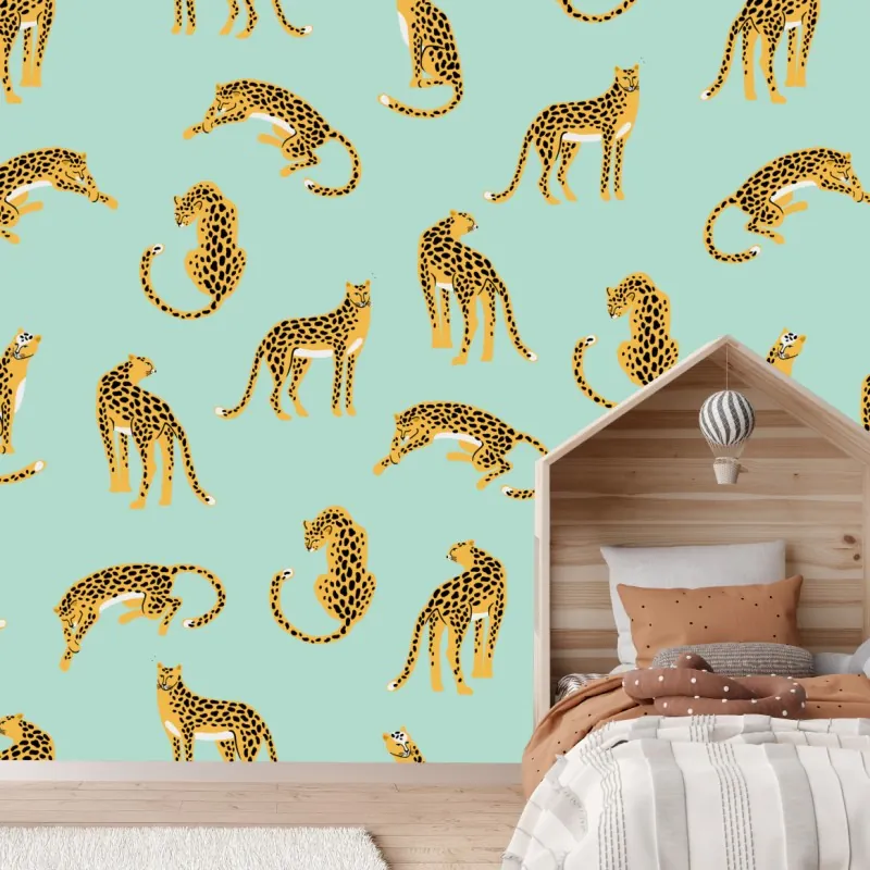 Wall mural playful cheetah pattern on turquoise background